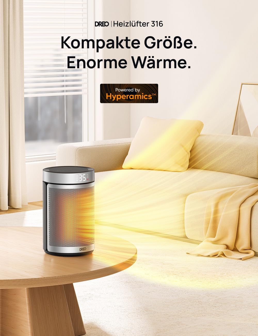 Dreo Energiesparender Heizlüfter, 34 dB Leiser 1500W Elektrischer PTC Keramik, Thermostat, Überhitzungs- & Kippschutz, 12 Std. Timer, Elektroheizung für Räume Schlafzimmer, Atom 316, Silber