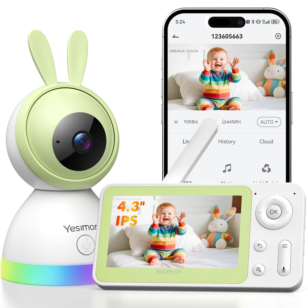 YESIMOM Babyphone mit Kamera 1080P HD PTZ 360°, 4.3" WLAN Baby Monitor mit App, IR Nachtsicht, 4X Zoom, Video Babyfon mit Bewegungs-/Geräuscherkennung, 2-Wege-Audio, Auto-Tracking, Bereichsalarme