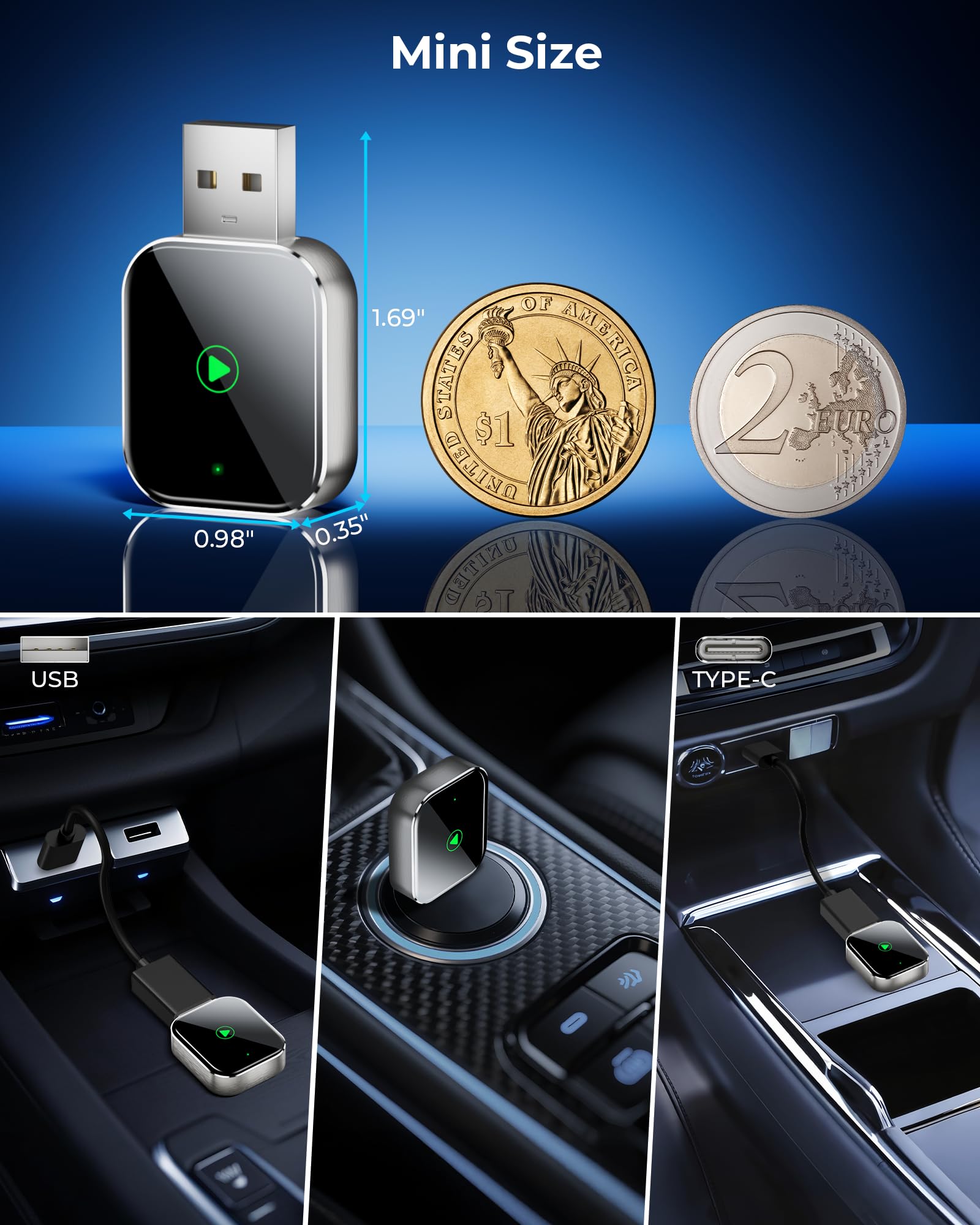 Mini CarPlay Wireless Adapter für iPhone - Converts Wired to Wireless CarPlay Adapter, CarPlay Stick für Apple Wired CarPlay Cars & für iPhone iOS 10+, USB & Type-C, Plug & Play
