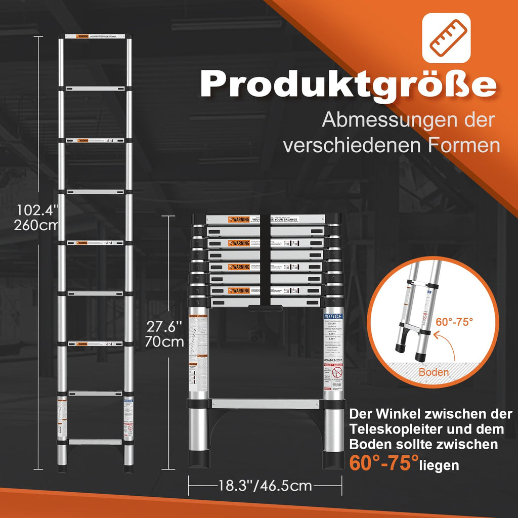 HBTower Teleskopleiter 2,6 m aus Aluminium, Klappbare Ausziehleiter mit Rutschfesten Füßen, Leicht & Stabil, Tragkraft 150 kg, Ideal für Heimwerker & Wohnwagen, Silber