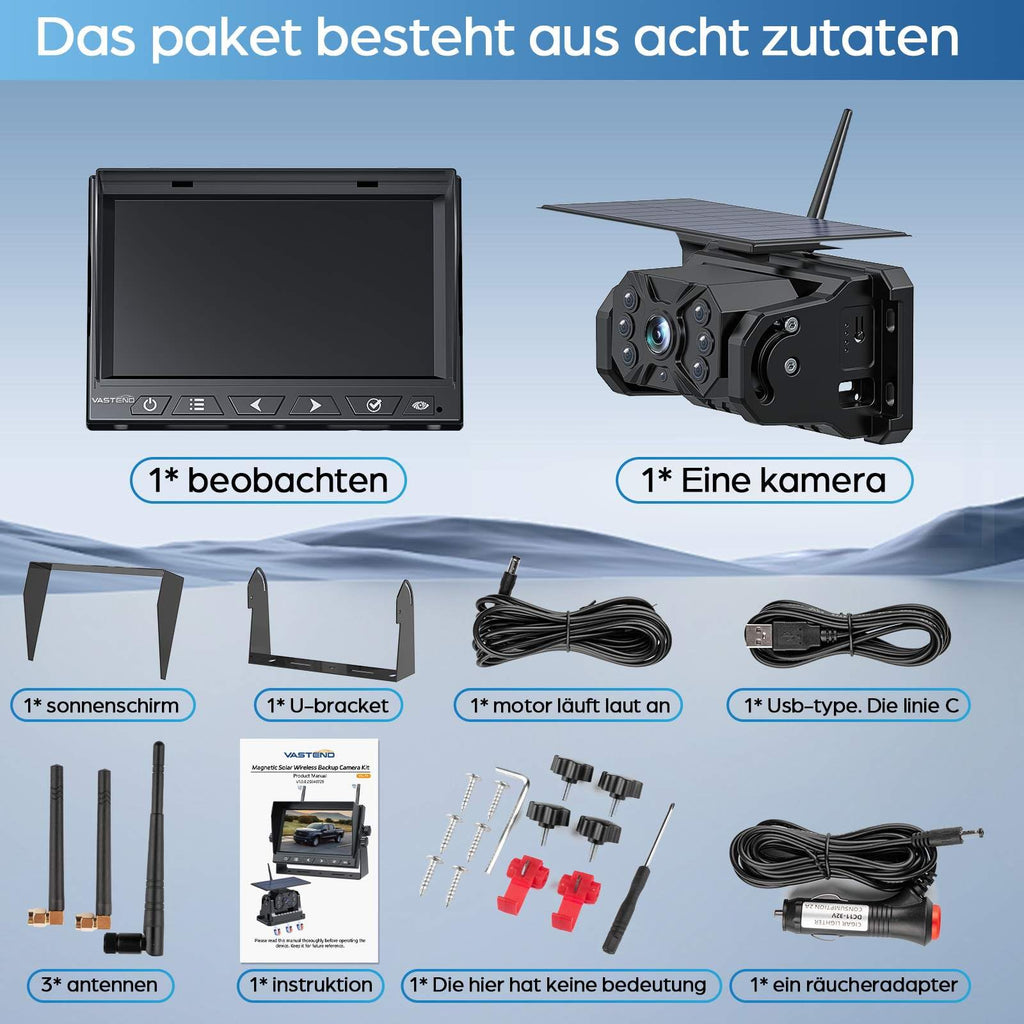 VASTEND Rückfahrkamera Kabellos Solar Magnetische Rückfahrkameras Funk mit 10000mAh Akku, 7" Drahtlose Rückfahrkamera, IP69 Wasserdichter, DIY Installation, für Wohnwagen, LKW, Auto, Wohnmobil (VS-7A)