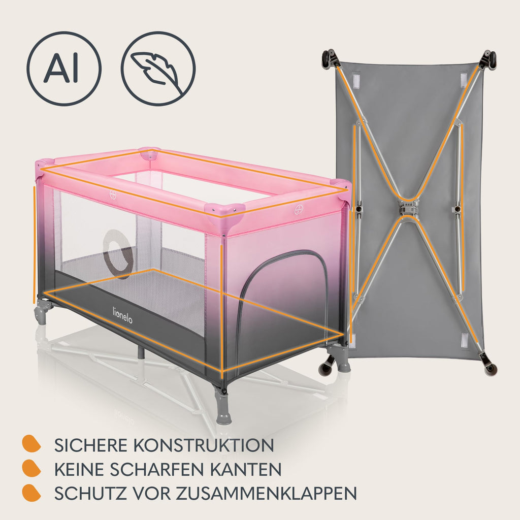 Lionelo Stefi Baby Kinderbett, Reisebett ab Geburt bis 15 kg, Seiteneingang, Sicherungssystem LockGuard, Blockade der Räder, Tragetasche, zusammenklappbar