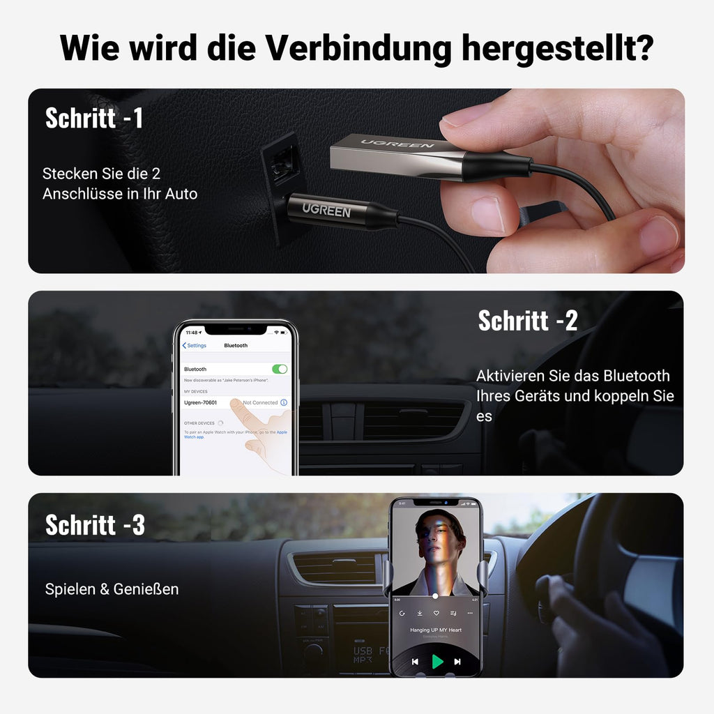 UGREEN Aux Bluetooth Adapter Auto Bluetooth 6.0 Empfänger Klinke für Freisprechanruf und Wireless Musik kompatibel mit Auto mit Aux und USB Anschluss, Lautsprecher, Verstärker (Grau-Standard)