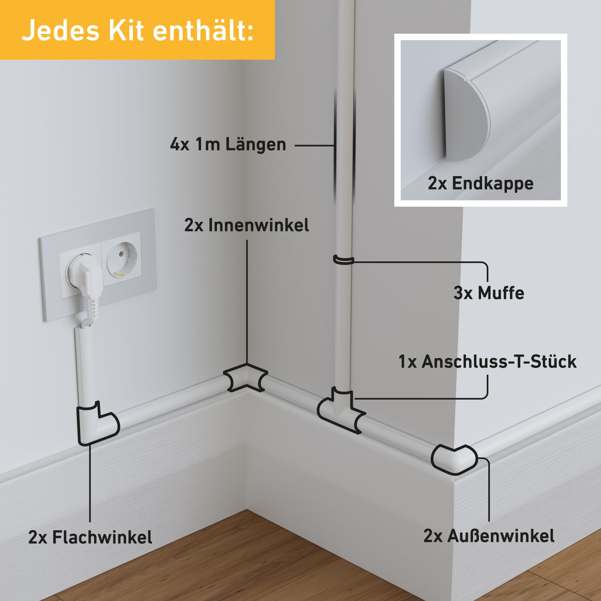 D-Line 2010KIT001 Micro+ Kabelkanal Selbstklebender, Halbrunde Kabelführungen - 20x10 mm 4 x 1 m Länge - Weiß