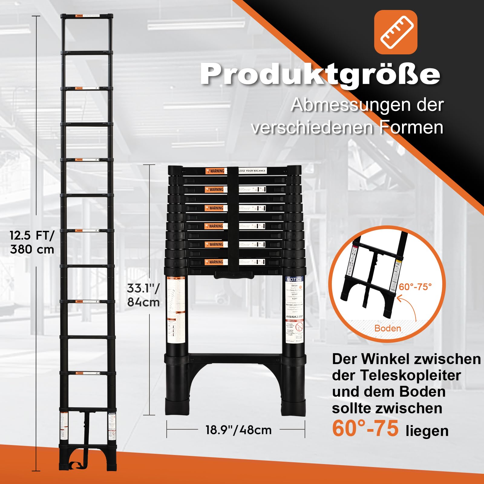 HBTower Teleskopleiter 3,8 m aus Aluminium, Klappbare Ausziehleiter mit Rutschfesten Füßen, Robust & Tragbar, Tragkraft 150 kg, Ideal für Dachrinnenreinigung & Außenreparaturen, Schwarz