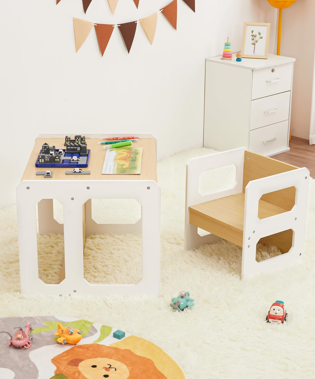 Yorbay Tisch und Stuhl Set für Kinder Kinderschreibtisch mit 1 Hockern, Kindersitzgruppe 3 in 1-Wendehocker & zum Kinderarbeitsplatz umwandelbarer Kinderbank, Kindermöbel 61,5 x 50 x 46 (Natur, L)