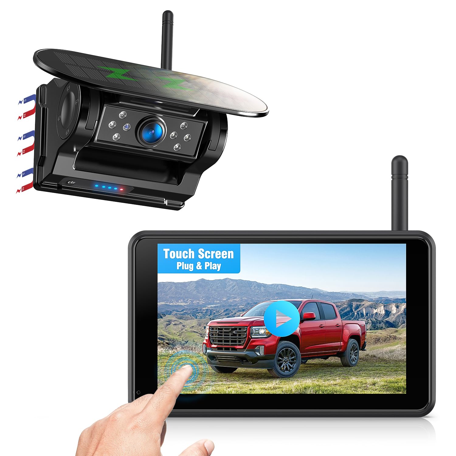 Magnetisch Solar Rückfahrkamera Kabellos mit 5" 1080P Monitor: 9600mAh Akku 1 Mins DIY Installation, IP69K Wasserdicht Rückfahrkameras für Auto, LKW, Van