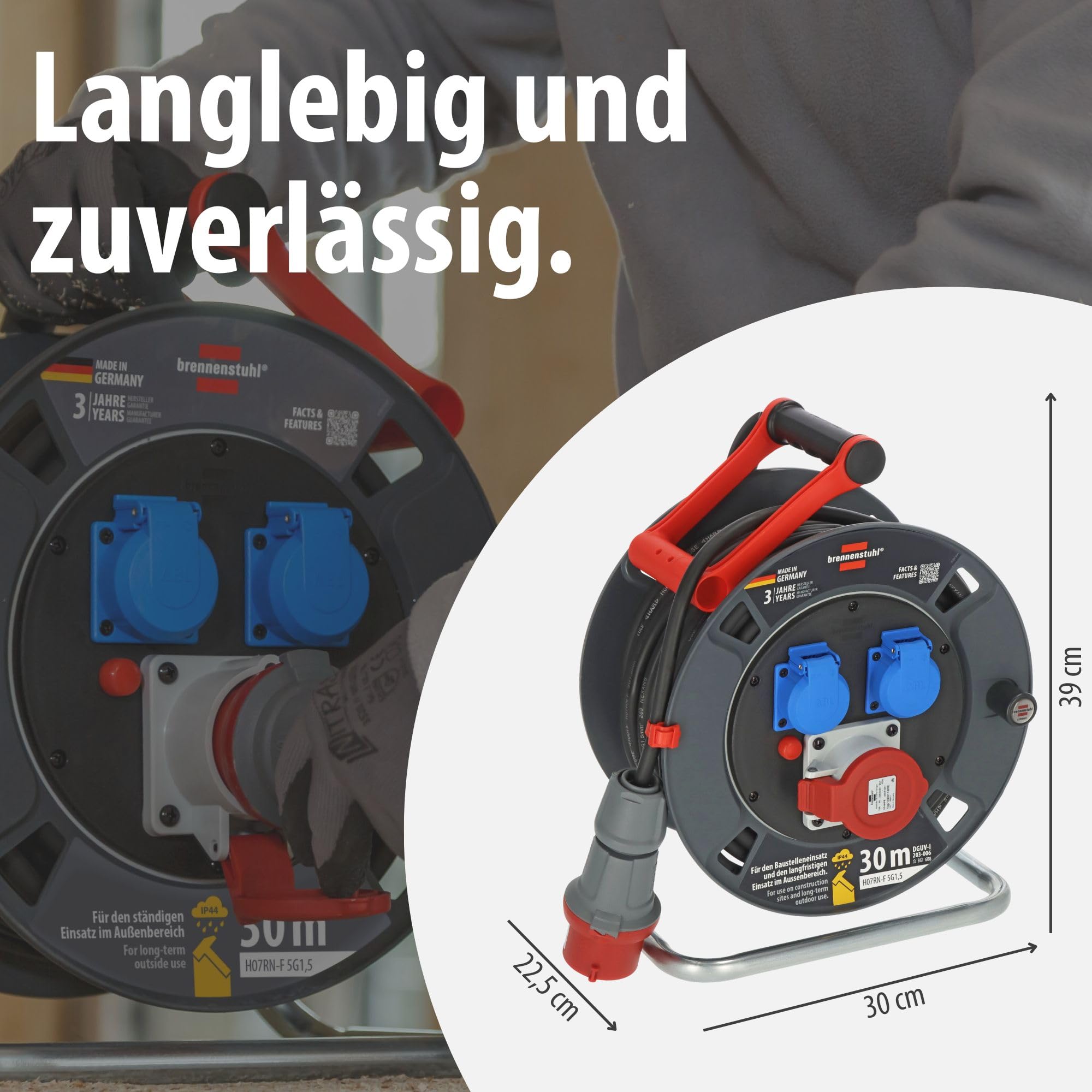 Brennenstuhl Garant CEE 1 V2 IP44 Kabeltrommel (CEE-Kabeltrommel mit 30m Kabel in schwarz, ständiger Einsatz im Außenbereich IP44, Made in Germany)