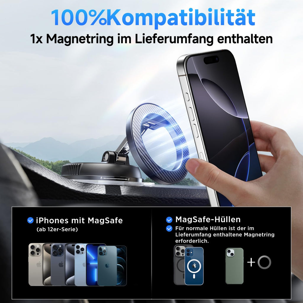 Moeila Vakuum Handyhalterung Auto für Magsafe Autohalterung [mit 78+LBS stärkste Saugkraft & 2400gf stärkster Magnet], 360° Drehbare Handyhalterung Magnet, KFZ Autohalterung für Alle Handys, Schwarz.