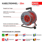 EMOS - Kabeltrommel 25m - 4 Schuko-Steckdosen - 230 V, 16 A, 3680 W - hochwertige PVC-Isolierung - H05VV-F3G 1,5 mm2 - Überhitzungsschutz - IP20 für Innen
