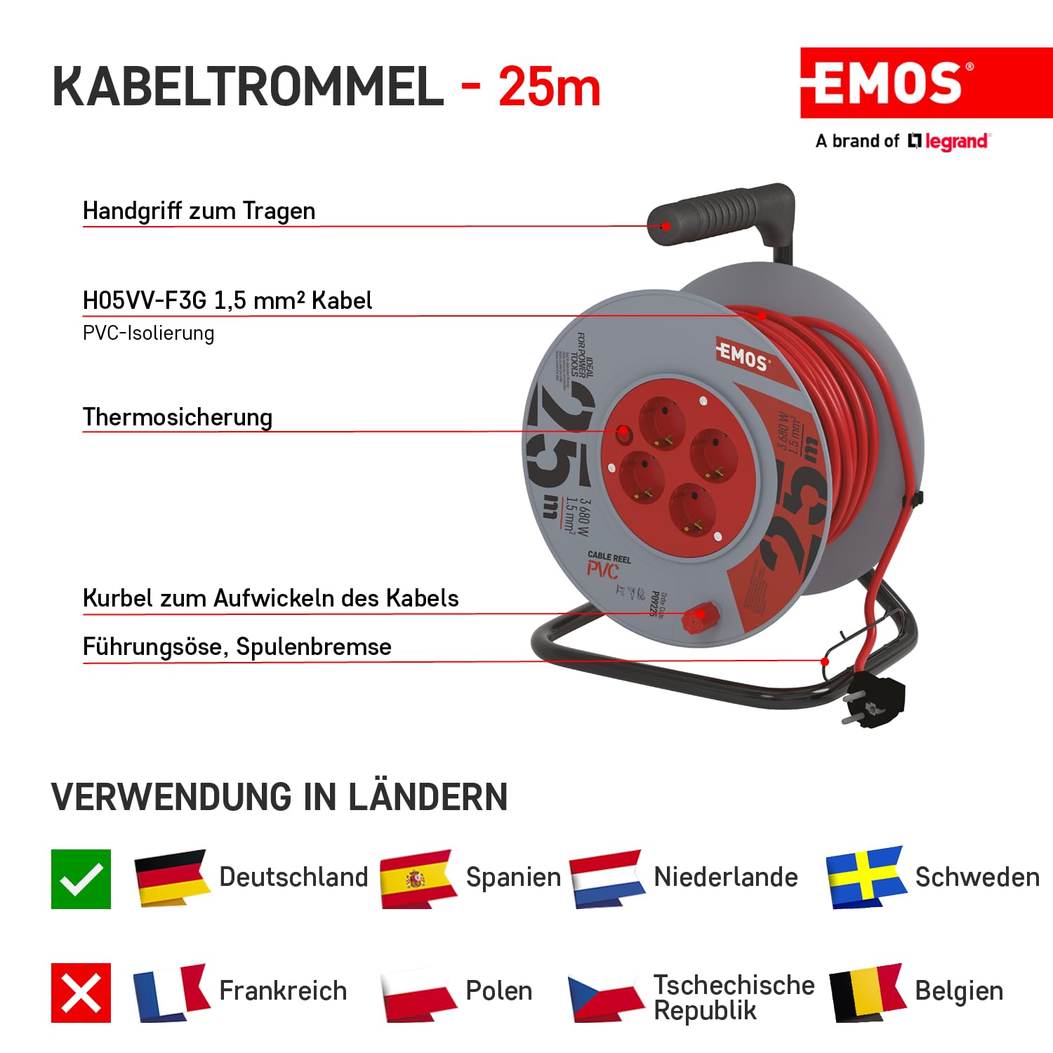 EMOS - Kabeltrommel 25m - 4 Schuko-Steckdosen - 230 V, 16 A, 3680 W - hochwertige PVC-Isolierung - H05VV-F3G 1,5 mm2 - Überhitzungsschutz - IP20 für Innen