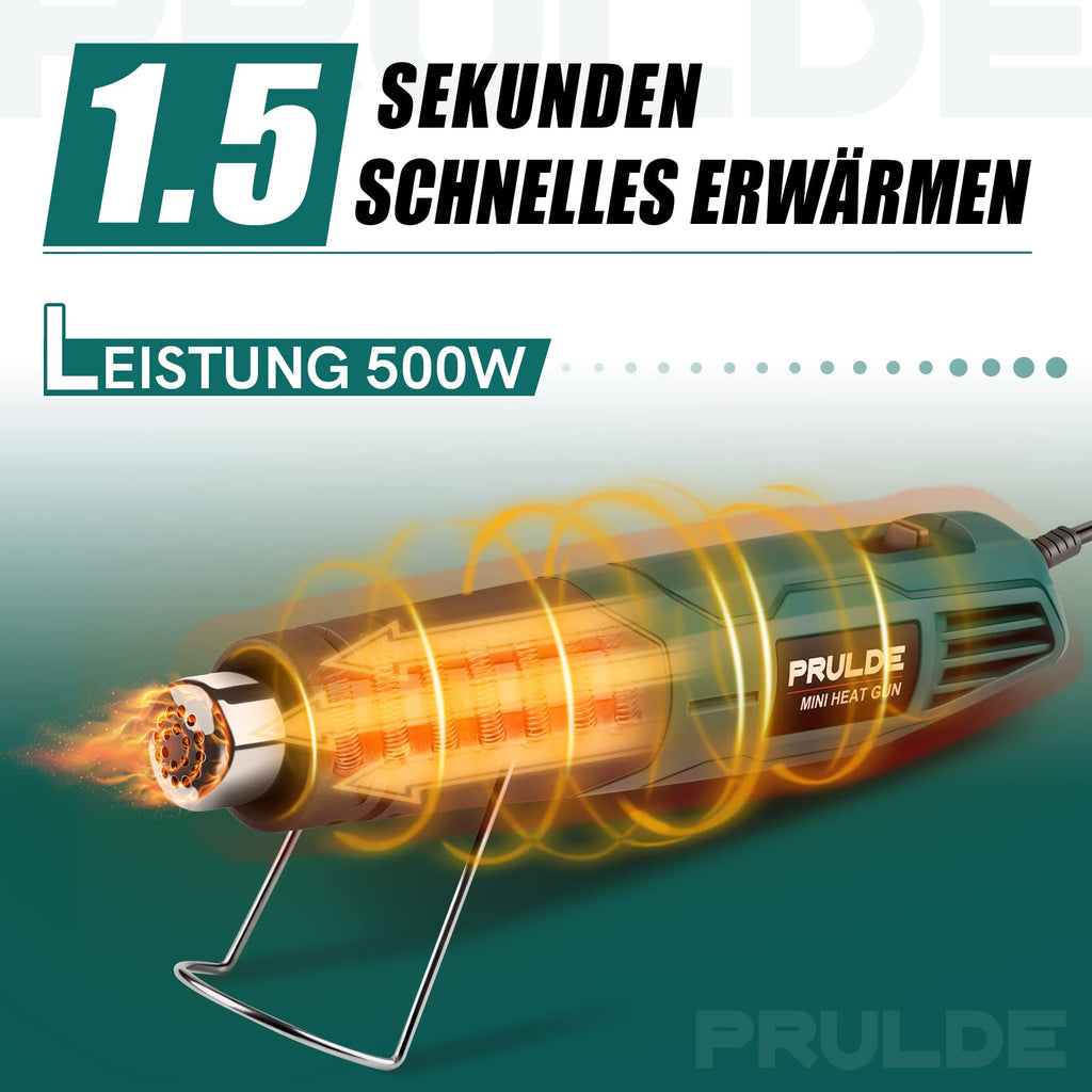 Mini Heißluftpistole - PRULDE Handheld Heißluftföhn 500W Schnelles Aufheizen Heissluftgebläse mit 2 Temperatureinstellungen für Acrylharz Handwerk, Basteln, Epoxidharz, Schrumpffolie
