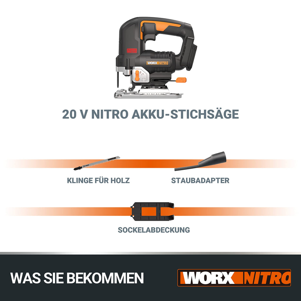 WORX Nitro WX542.9 Akku-Pendelhub-Stichsäge 20V - Bürstenloser Motor - Profi Stichsäge Mit Absaug-Adapter - Ideal Auch Für Gehrungsschnitte - PowerShare Kompatibel - Ohne Akku & Ladegerät