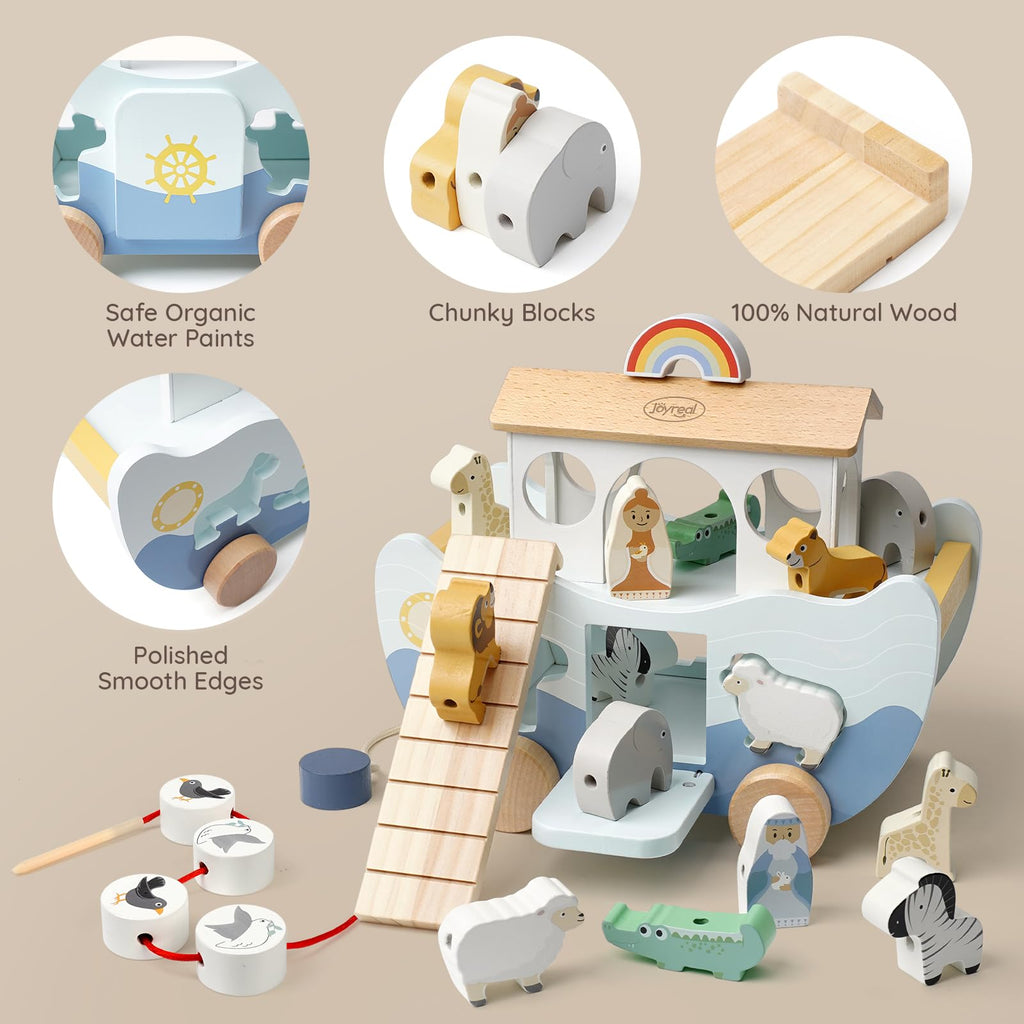 Joyreal Arche Noah Holz - Taufgeschenke für Mädchen Jungen Kinder, Geschenk Taufe, Montessori Spielzeug ab 1 2 3 Jahr, Holzspielzeug mit Bauernhof Spielzeug Sortier Stapel