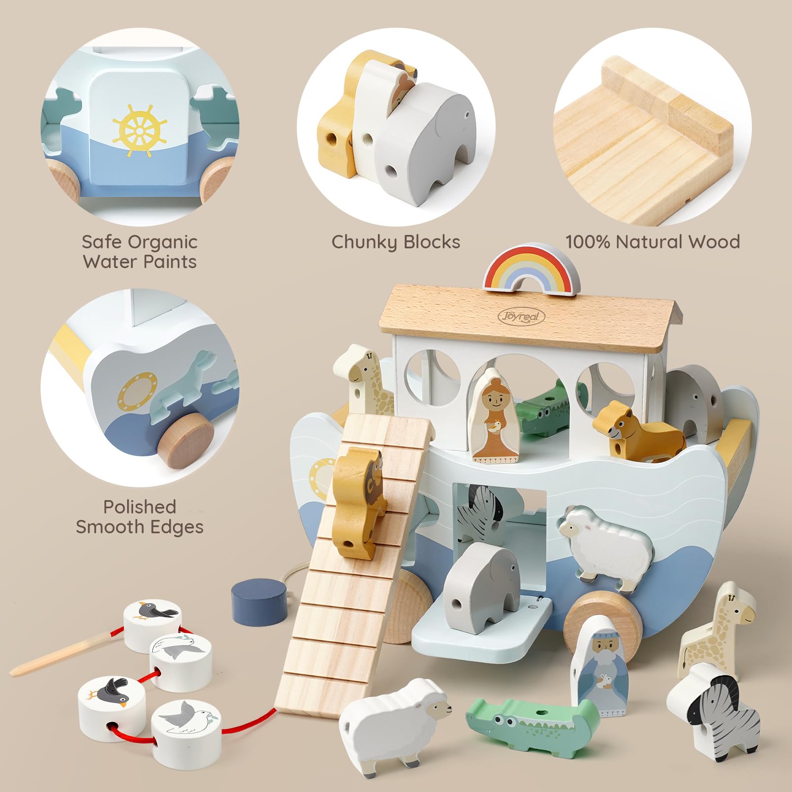 Joyreal Arche Noah Holz - Taufgeschenke für Mädchen Jungen Kinder, Geschenk Taufe, Montessori Spielzeug ab 1 2 3 Jahr, Holzspielzeug mit Bauernhof Spielzeug Sortier Stapel
