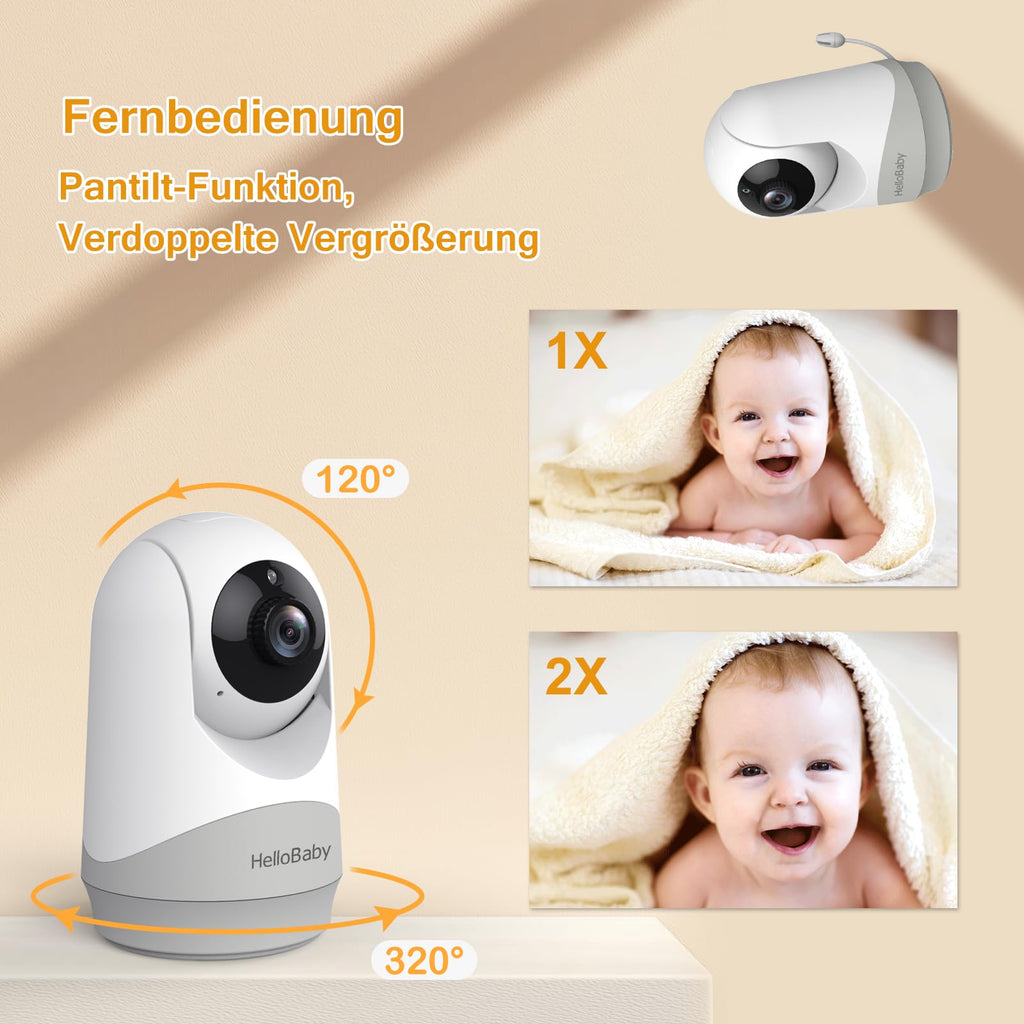 HelloBaby Babyphone mit Kamera, 3,2-Zoll-IPS-Bildschirm, Nachtsicht, Babyphone ohne WLAN, Schwenken, Neigen Zoomen Temperaturüberwachung, 2-Wege-Audio, Schlaflied, Alarm