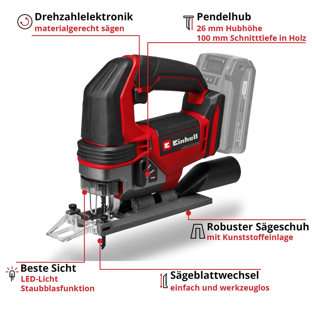 Einhell Akku-Stichsäge TE-JS 18/100 Li-Solo Power X-Change (18 V, 100 mm Schnitttiefe in Holz, 26 mm Hubhöhe, max. 45° Schrägschnitte, inkl. Sägeblatt, ohne Akku)