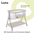 Lionelo Luna EIN tragbares Beistellbett mit Einer Matratze, reisebett, von Neugeboren bis 9 kg, in der Höhe und der Neigung verstellbar, 4 Rädern mit Bremse, Befestigung zum Elternbett (Beige)