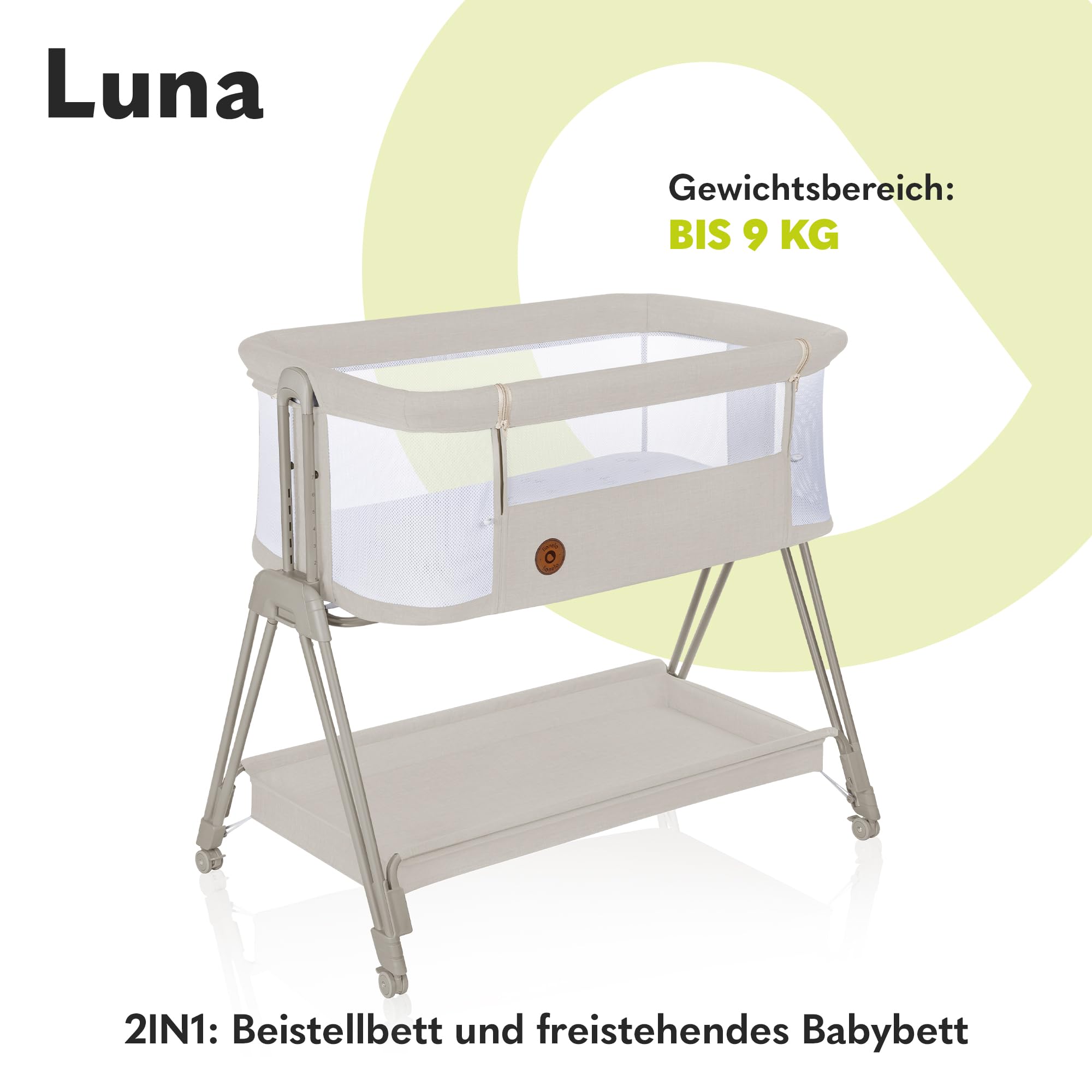 Lionelo Luna EIN tragbares Beistellbett mit Einer Matratze, reisebett, von Neugeboren bis 9 kg, in der Höhe und der Neigung verstellbar, 4 Rädern mit Bremse, Befestigung zum Elternbett (Beige)