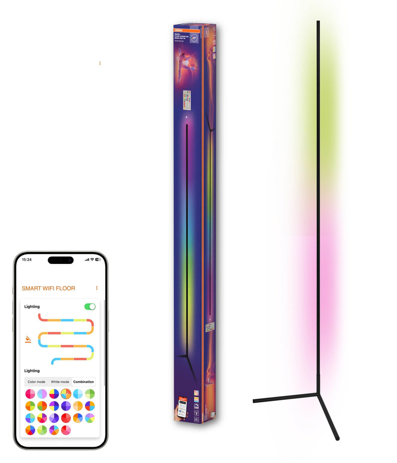 OSRAM Matter over Wifi Floor Corner LED Stehleuchte 2000mm, 20W, RGBW, 2700-6500K, WiFi, Fernbedienung, Schwarz, Ambientlicht