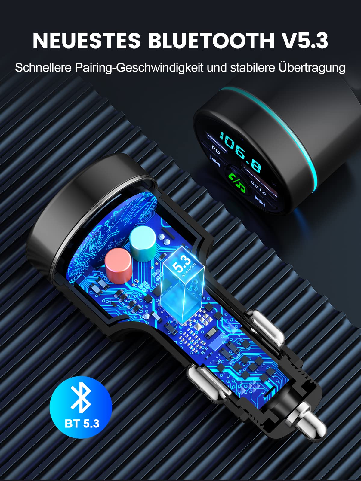 Mohard Bluetooth Adapter Auto, Ganzmetall FM Transmitter Auto Bluetooth mit PD 30W & QC3.0 18W Schnellladung, Freisprechanlage Bluetooth5.3, Rauschunterdrückung Mikrofon, Ringlicht