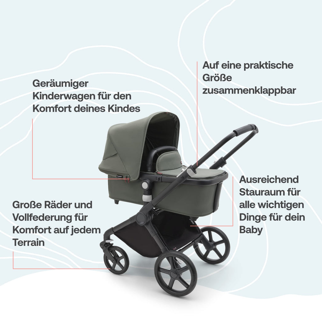 Bugaboo Fox Cub Kinderwagen für jedes Gelände, leichter und stabiler Kinderwagen, strapazierfähiges Design und extragroßes Sonnendach, einteilig und selbststehend faltbar, Forest Green