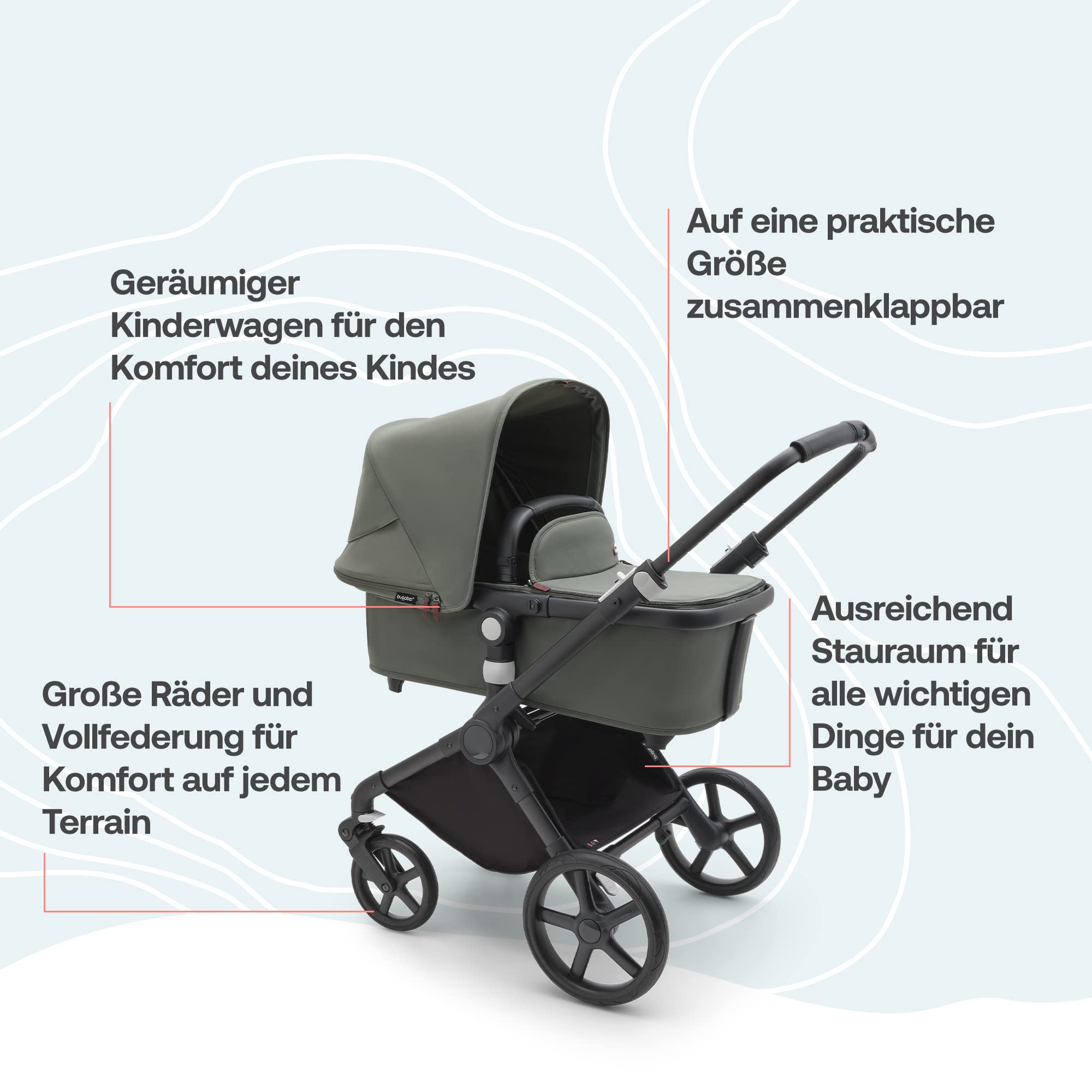 Bugaboo Fox Cub Kinderwagen für jedes Gelände, leichter und stabiler Kinderwagen, strapazierfähiges Design und extragroßes Sonnendach, einteilig und selbststehend faltbar, Forest Green