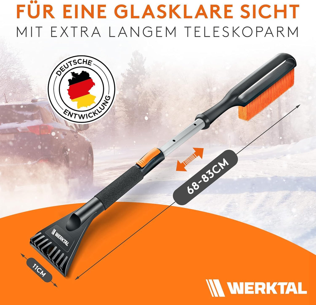 WERKTAL Eiskratzer Auto mit Besen (Teleskop) lackschonend – Scheibenkratzer mit Eisbrecher & Schneebesen für PKW LKW SUV, stabiles Winterzubehör inkl. Tasche – inklusive Scheibenschwamm