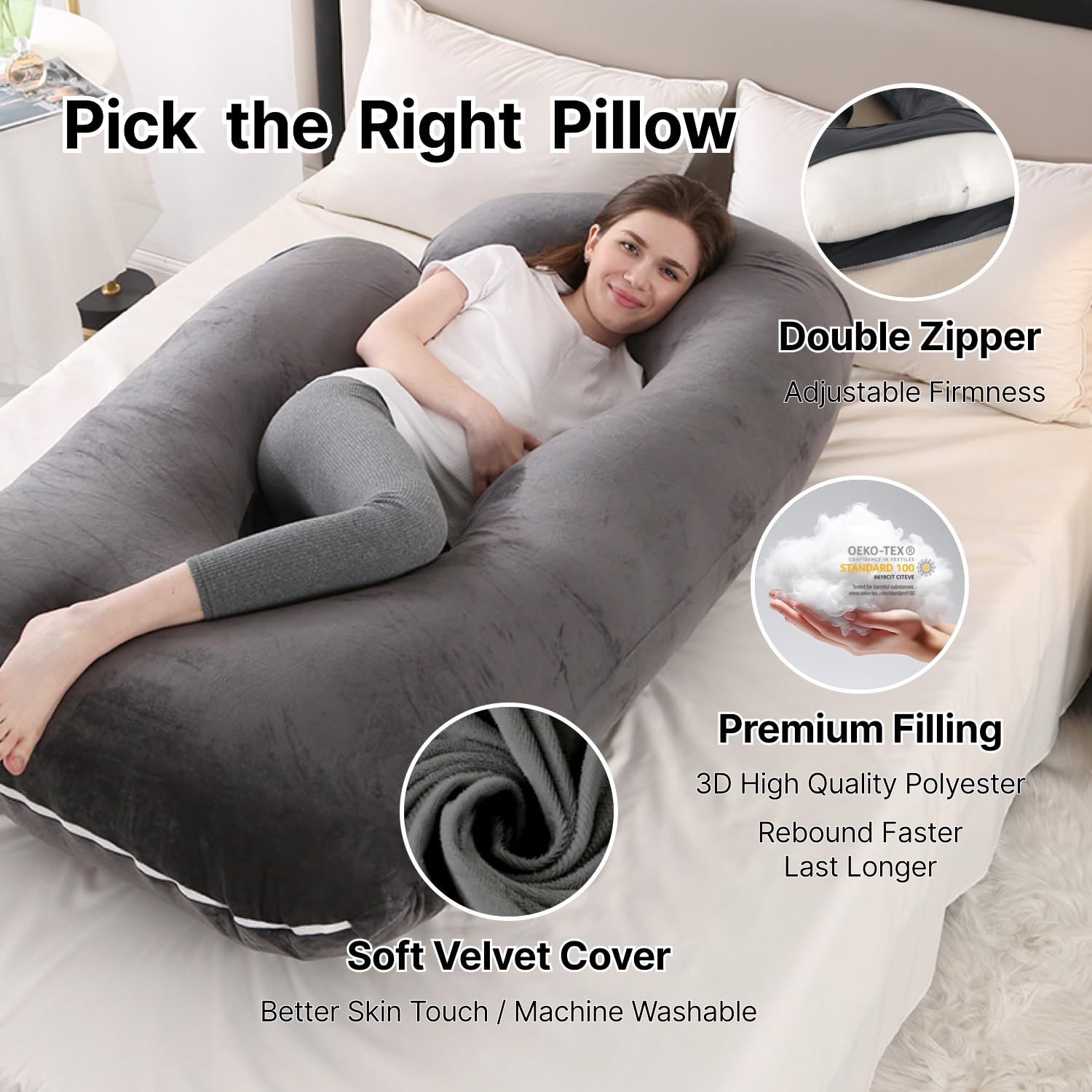 ALLOPERA Pregnancy Pillow, Full Body 57 Inch Maternity Pillow with Removable Washable Cover - Sleep Support for Legs, Back, Neck, Shoulder, HIPS, Belly for Pregnent Women, Velvet Cover (Black)