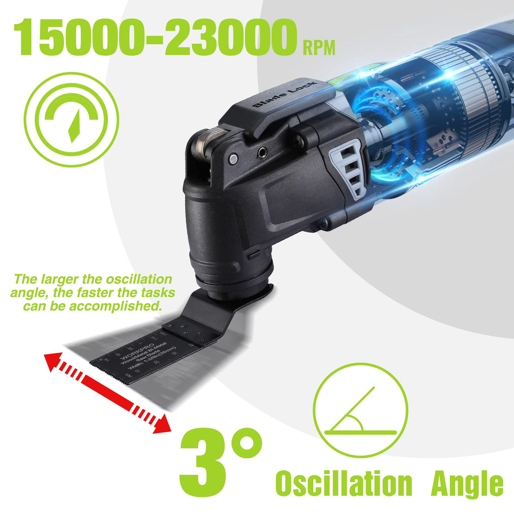 WORKPRO 300W Multifunktionswerkzeug, Oszillierende Säge mit 17 Zubehör und Aufbewahrungstasche, 7 Drehzahl 15000-23000 rpm Oszillationswerkzeug Oszillierer zum Trennen, Schleifen und Schaben