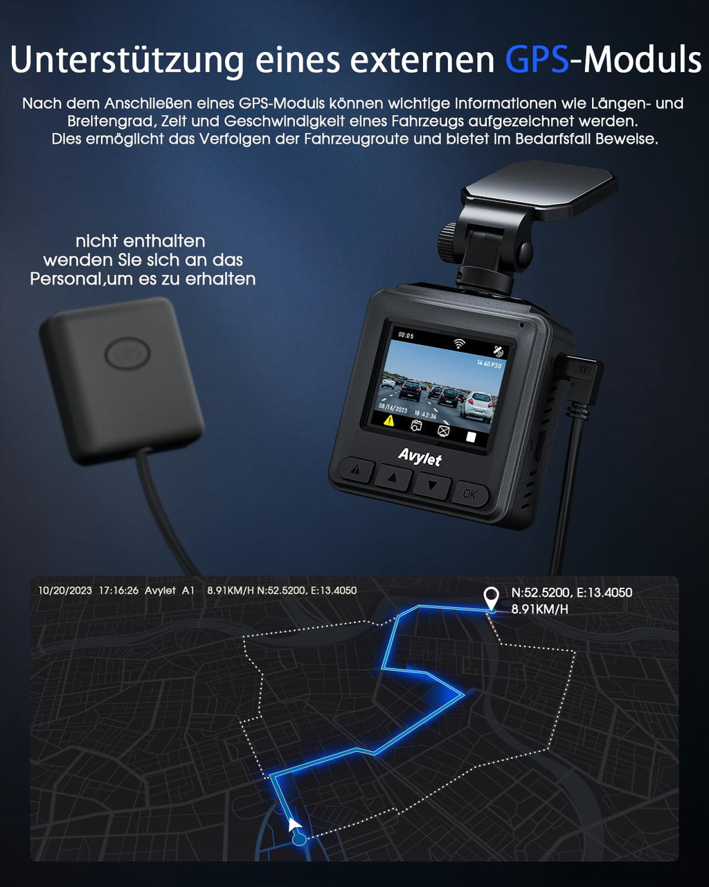 Avylet Dashcam Auto WiFi 2K, Mini Vorne Autokamera Unterstützt externes GPS-Modul, 1.5" IPS-Bildschirm, APP, Ultra Nachtsicht & 150° Weitwinkel, WDR, 24/7 Parkmodus mit Bewegungserkennung, G-Sensor
