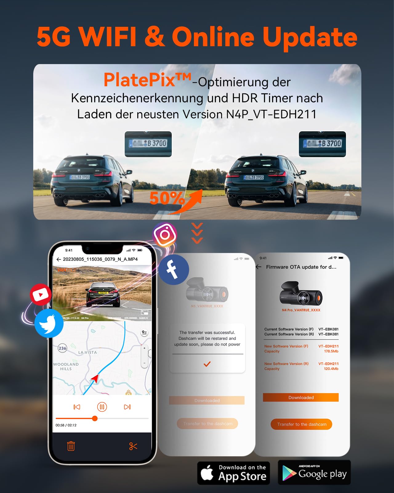 VANTRUE N4 Pro 3 HDR 4K+ 1080P+ 1080P STARVIS 2 Dashcam Auto, 5G WiFi PlatePix™ Dash Cam GPS 360° Puffer Parküberwachung Auto Kamera, IR Nachtsicht, Sprachbefehl, Privatsphäremodi, 2.45” 1TB Max