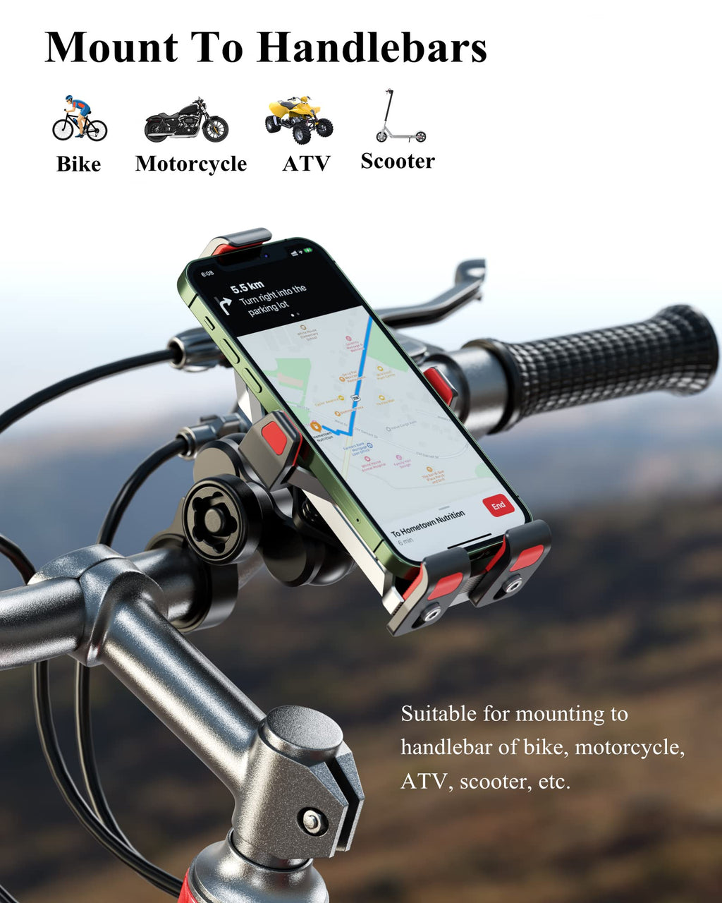 BRCOVAN Aluminiumlegierung Motorrad Handyhalterung mit Vibrationsdämpfer, Verstellbar Handy Motorradhalterung, Diebstahlsichere Lenker Handyhalter für Fahrrad, Roller, ATV, für 4,7-7,2 Zoll Smartphone