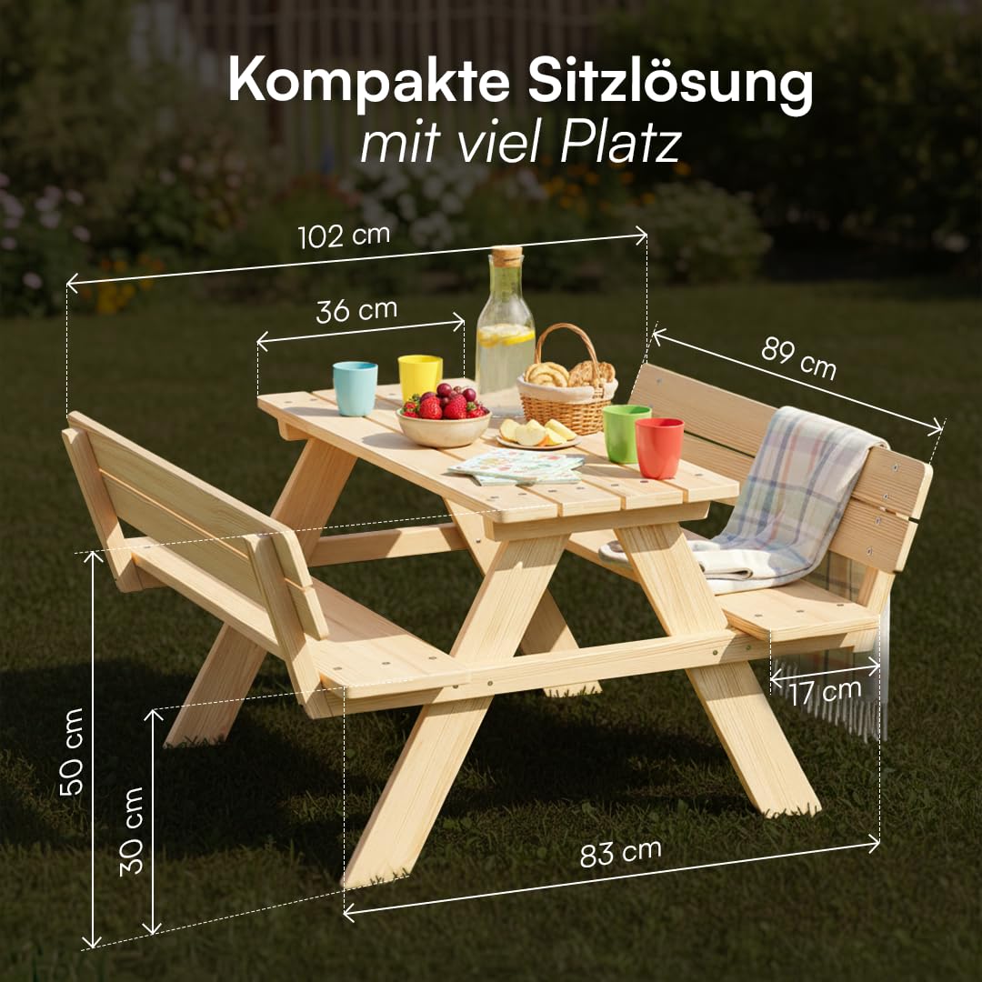 Bellabino Inny Kindersitzgruppe für 4 Kinder – Kindertisch mit 2 Bänken mit Lehne – Sitzbank Outdoor 30cm Höhe – Kinder Sitzgruppe in Natur aus Kiefernholz unbehandelt – Kinderbank für den Garten
