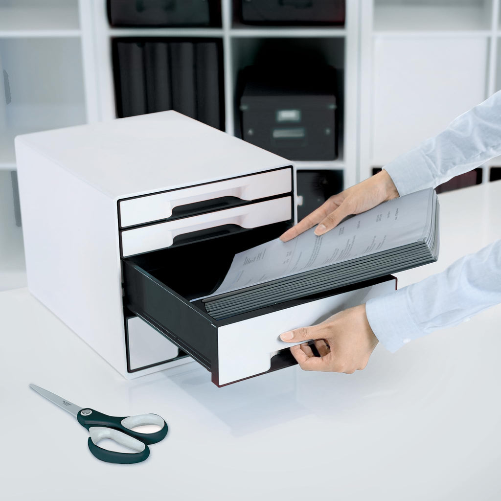 Leitz CUBE Schubladenbox mit 4 Fächern, A4, Inkl. transparentem Schubladeneinsatz, Weiß /Schwarz, WOW, 52521001
