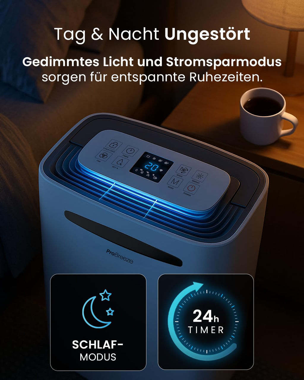 Pro Breeze® 20L/Tag smarter luftentfeuchter elektrisch mit digitalem Feuchtigkeitsanzeiger Schlafmodus Dauerbetrieb Wäschetrocknung und 24h-Timer – Ideal gegen Feuchtigkeit und Kondensation