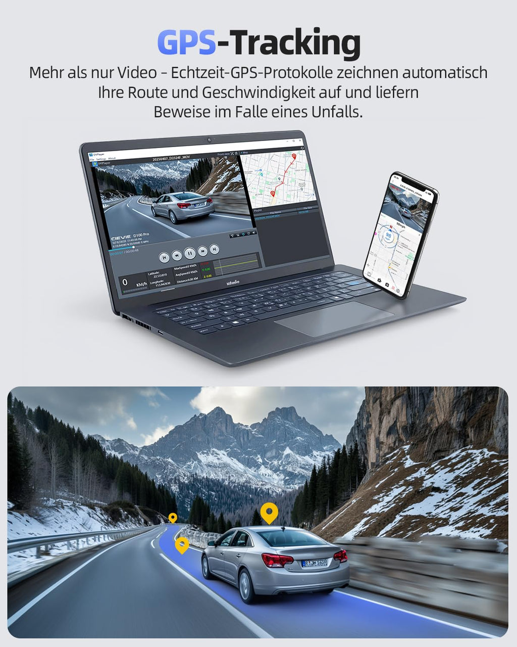 CIEVIE 4K Dashcam Auto Vorne Hinten mit GPS 5GHz WiFi, Dual Dashcam 1,5″ IPS Display, Auto Kamera mit 64GB SD Karte, 170° Weitwinkel, G-Sensor, WDR Nachtsicht, Loop-Aufnahme, Unterstützt 256GB Max