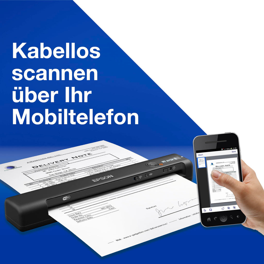 Epson WorkForce ES-60W mobiler Dokumentenscanner (Scanner, DIN A4, integrierter Akki, 600dpi, WiFi, USB 2.0)