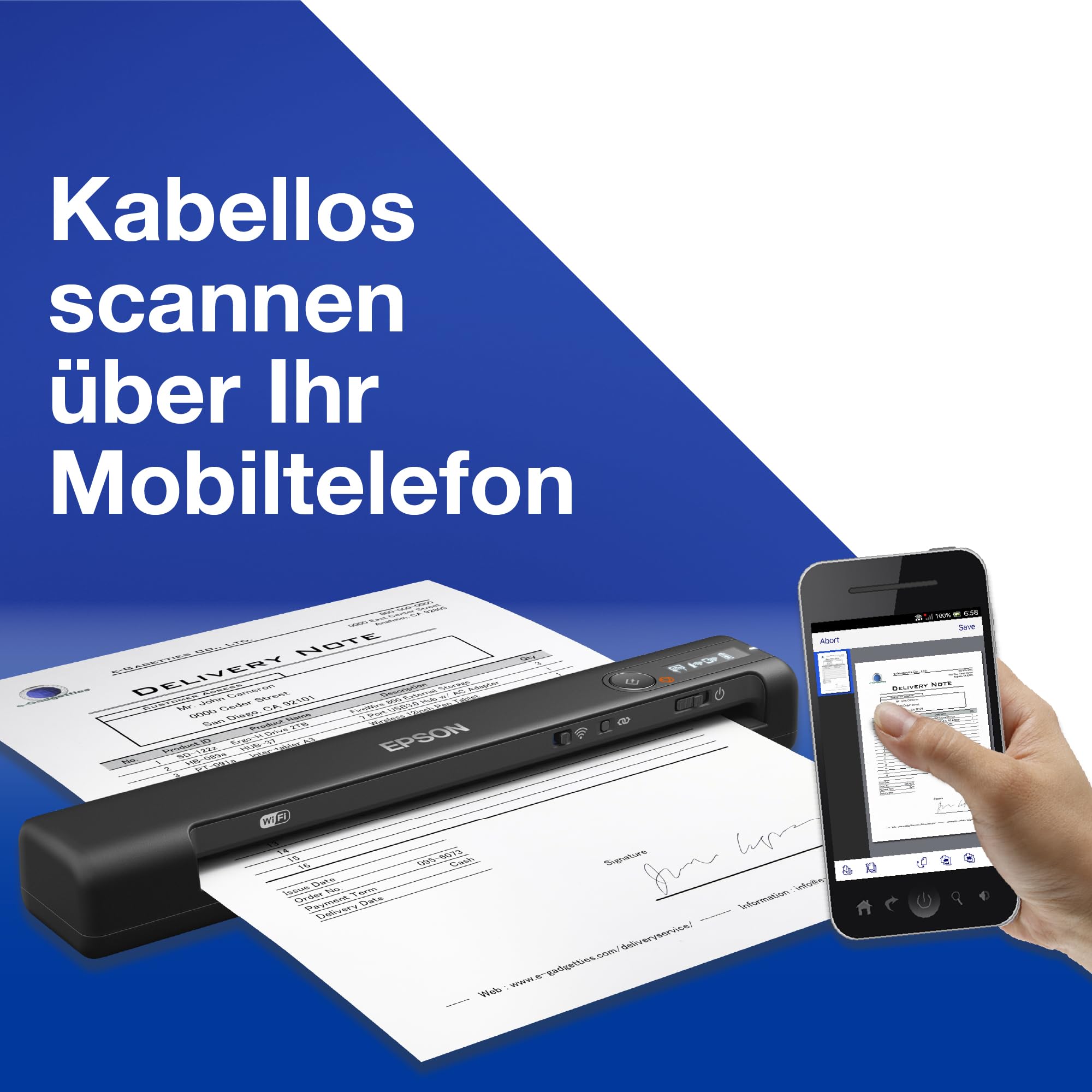 Epson WorkForce ES-60W mobiler Dokumentenscanner (Scanner, DIN A4, integrierter Akki, 600dpi, WiFi, USB 2.0)