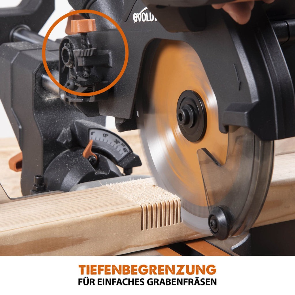 Evolution R185SMS-Li Akku-Gleitgehrungssäge mit Mehrzweck-Schneide, 45° Fasen-, 50° Gehrungsschnitte, 850 W – 185 mm TCT-Sägeblatt im Lieferumfang enthalten, 3 Jahre Garantie