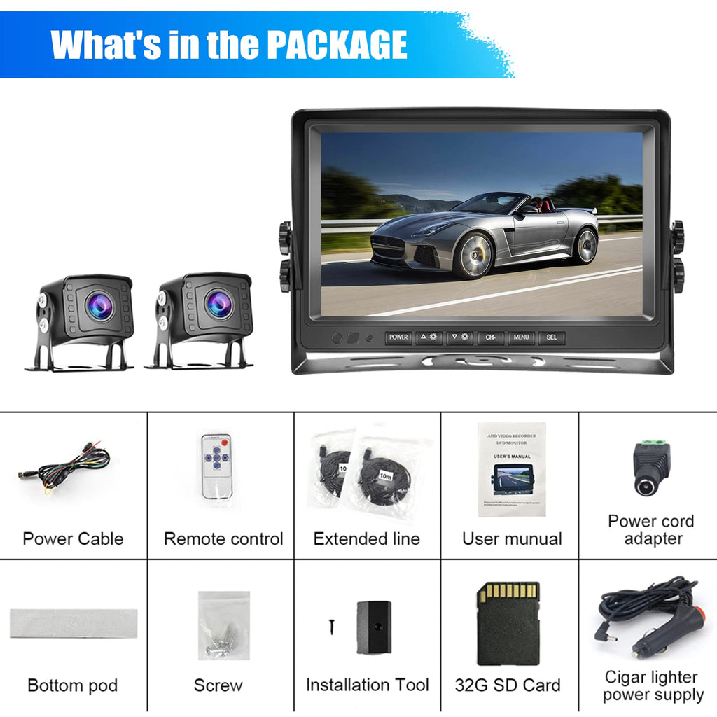 CAMECHO Rückfahrkamera 2 Kameras Set,9 Zoll LCD Monitor DVR +2 Geteilte Rück Kamera mit Nachtsicht IP69 Wasserdicht+Videoaufzeichnung für LKW/Bus/Van 12V-35V