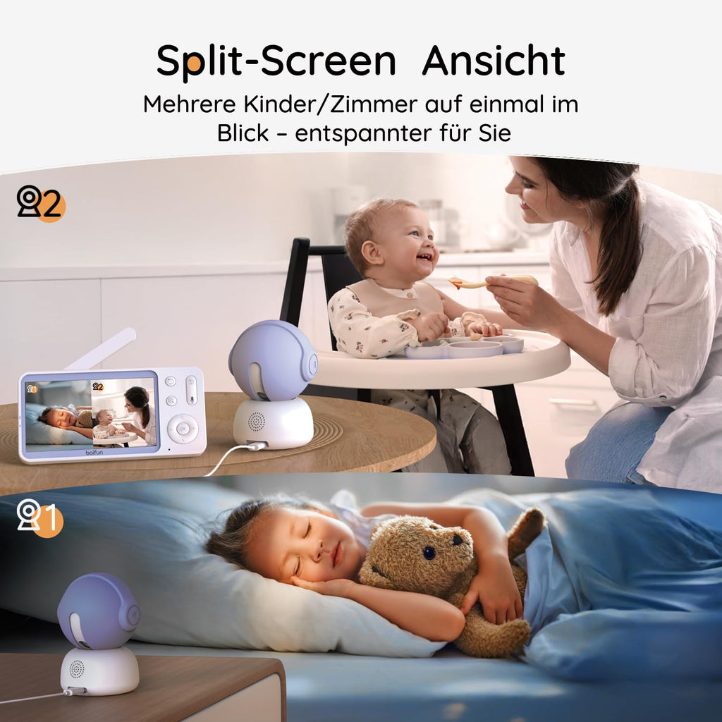 Boifun Babyphone mit Kamera & 2K/3MP APP Steuerung, 5" WLAN Video Babyfone, 360 Grad IR-HDR Nachtsicht, Weinen-/Bewegungs-/Geräusch-/Temperaturüberwachung, Automatische Verfolgung, 3000mAh Akku
