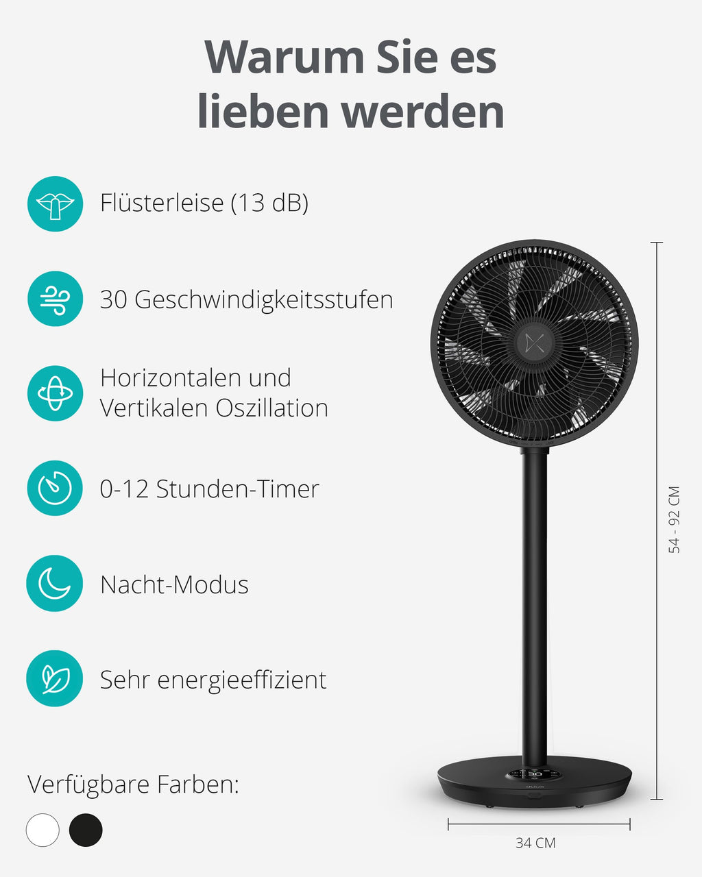 Duux Whisper Flex 2 Smart Ventilator – flüsterleise 13 dB – Nachtmodus & Timer – höhenverstellbar (54–92 cm) – energieeffizient ab 2W – App & Fernbedienung – Schwarz