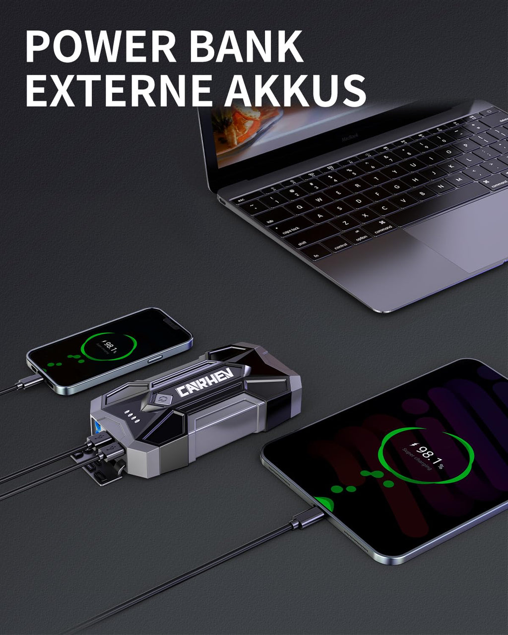 CARHEV Starthilfe Powerbank für Pkw, 4500A Starter Powerbank (Bis Zu 8,0L Benzin Oder 8,0L Diesel), 12V Booster Auto Starthilfe mit LED, Jump Starter mit Starthilfekabel und 2 USB Ausgänge