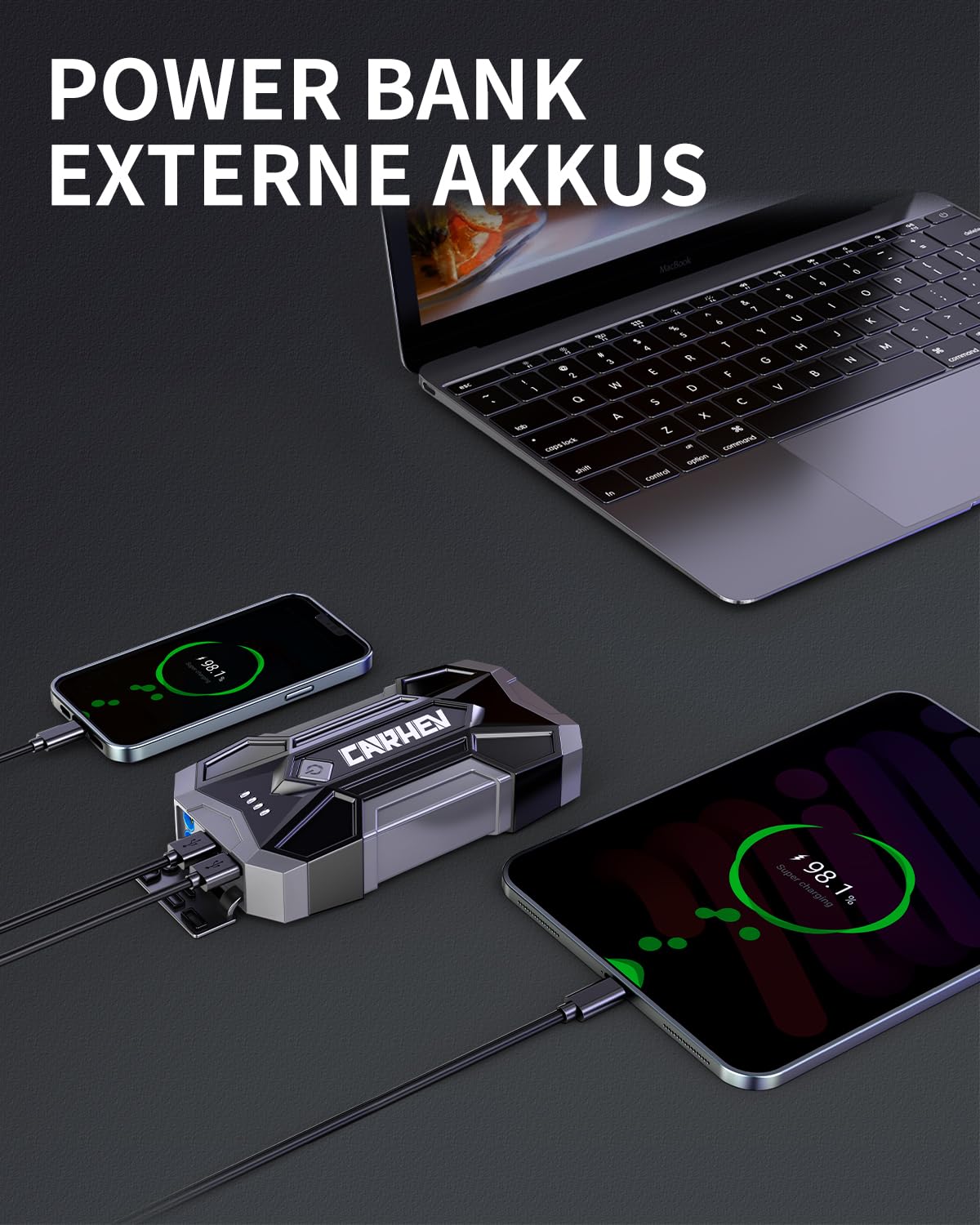 CARHEV Starthilfe Powerbank für Pkw, 4500A Starter Powerbank (Bis Zu 8,0L Benzin Oder 8,0L Diesel), 12V Booster Auto Starthilfe mit LED, Jump Starter mit Starthilfekabel und 2 USB Ausgänge