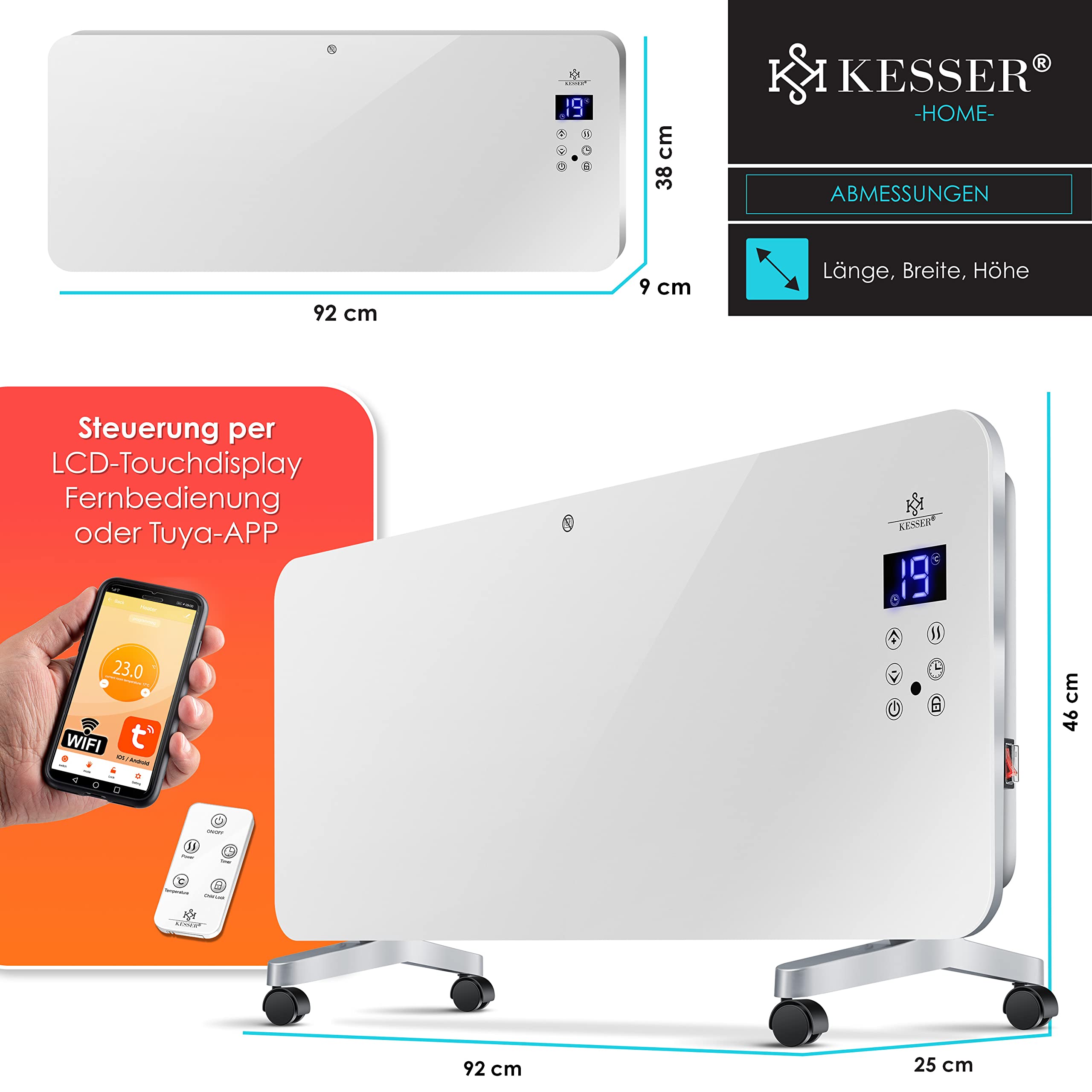 KESSER® Elektro Glasheizung Glaskonvektor Elektroheizung Heizung Heizkörper ✓ Touchscreen ✓ APP WiFi Funktion Inkl. Fernbedienung ✓ LCD-Display ✓ Timer | Stand- oder Wandgerät | 2000 Watt | Weiß