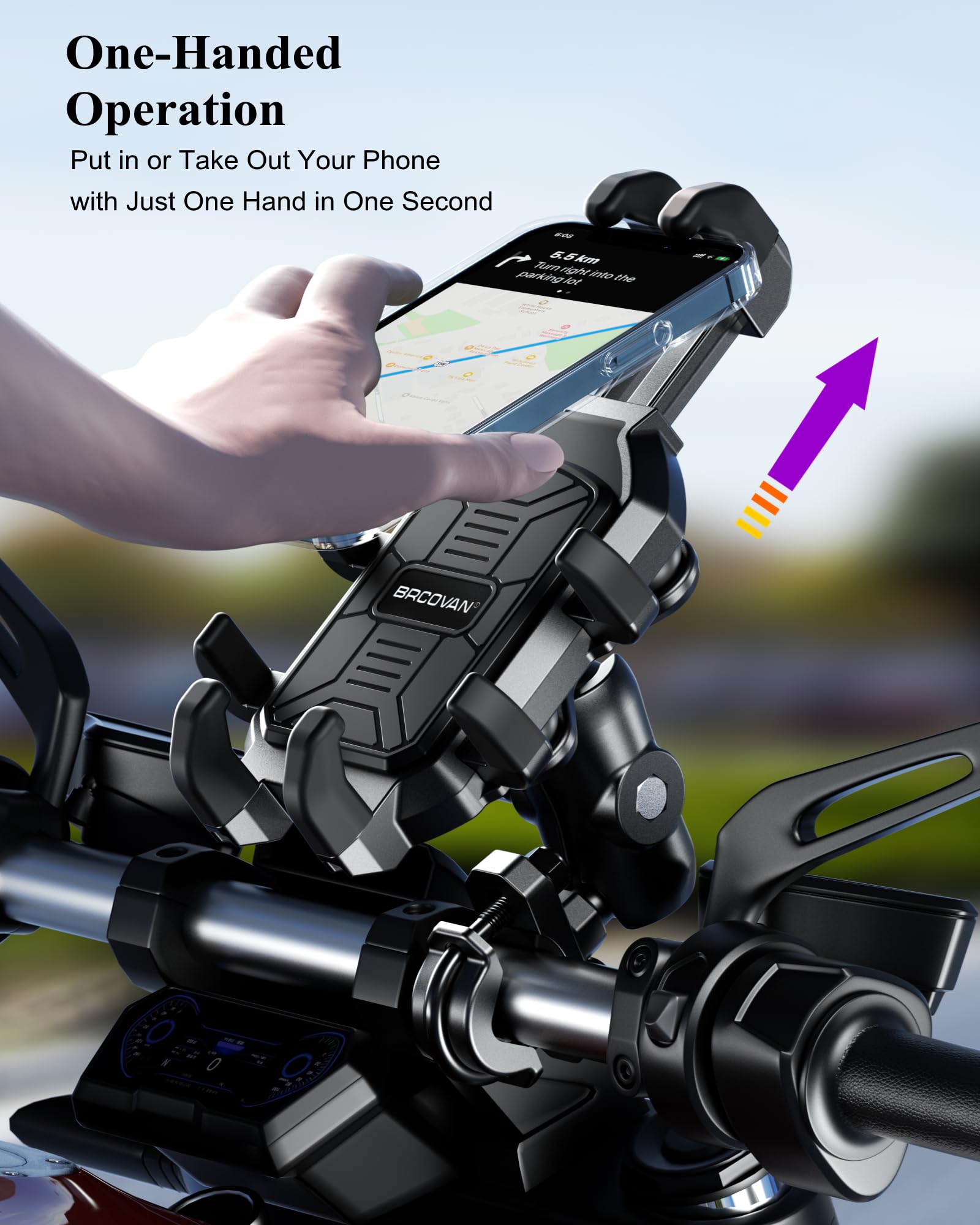 BRCOVAN Motorrad Handyhalterung mit Vibrationsdämpfer, Anti-Shake Handy Motorradhalterung, Verstellbar Lenker Handyhalter für Motorrad, Fahrrad, Roller, ATV, für 5,4 Zoll - 7,2 Zoll Smartphones