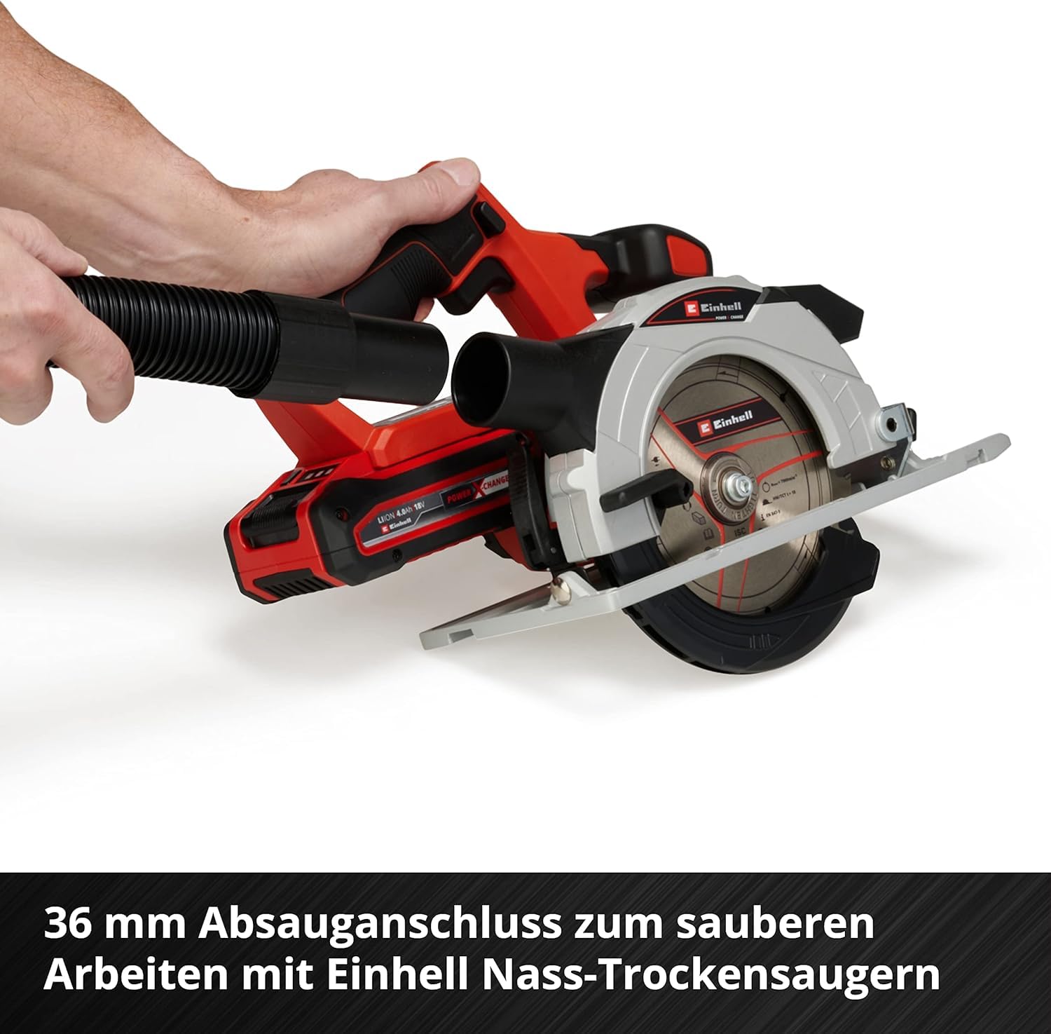 Einhell Akku-Handkreissäge TE-CS 18/150 Li-Solo Power X-Change (18 V, Li-Ion, Ø150 x Ø10 mm Sägeblatt, Schnitttiefe und Neigungswinkel werkzeuglos einstellbar, LEDs, ohne Akku und Ladegerät)