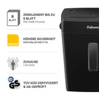 Fellowes Aktenvernichter, Papierschredder für 8 Blatt Partikelschnitt, Aktenvernichter P4, Schredder für Zuhause und Homeoffice, 15L Papierkorb, verarbeitet Kreditkarten, Heftklammern, Schwarz