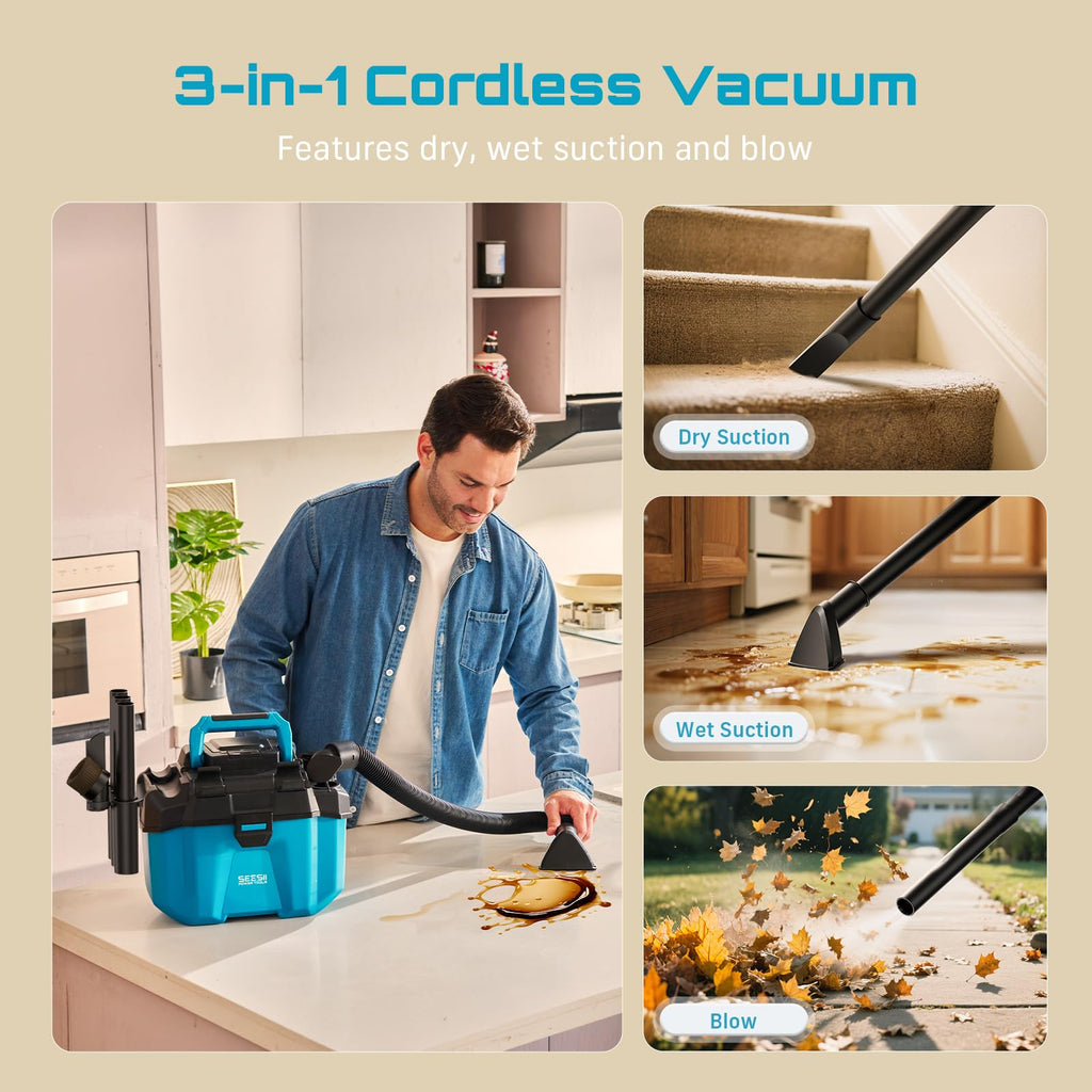 SEESII Akku Nass und Trockensauger, 3-in-1 Werkstattsauger mit Gebläse 2x4000mAh Batterien, 10L Nass Trockensauger Mini, Schultergurt, 4 Rädern und Aufsätzen, Ideal für Werkstatt/Auto/Baustelle (Blue)